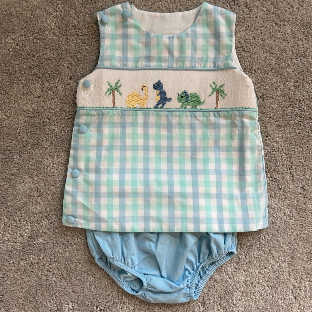 Blue and White Smocked Tropical Diaper Set 18 months Excellent Condition Blue